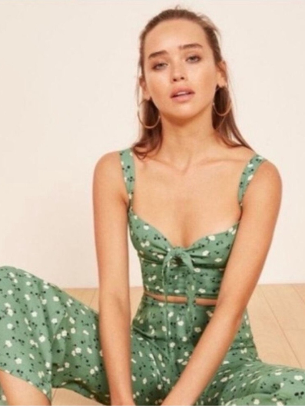 Reformation Brandi Green Floral Tie-Front Crop Top